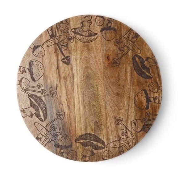 Wooden Mushroom Engraved Lazy Susan Serving Platter, New - Picture 1 of 5